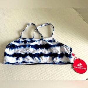 NWT Dolphin Love girls swim top, blue and white tie dye, size 7/8